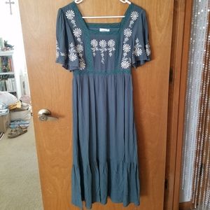 Bohme Kristin Teal Blue Embroidered Midi Dress